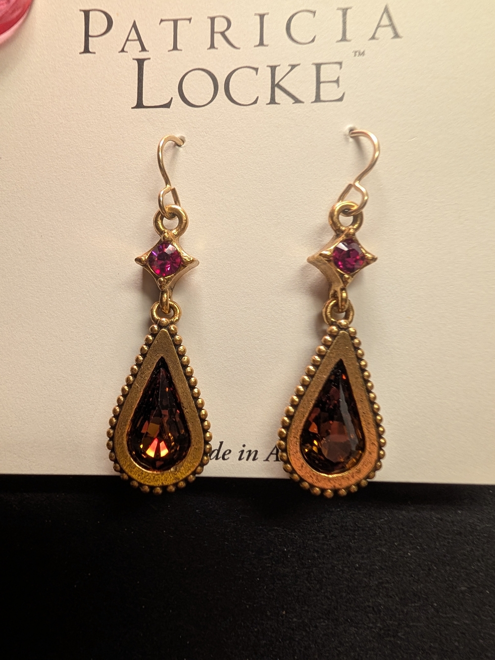 Patricia Locke Gold Teardrop Earrings with Amber and Pink Stones
